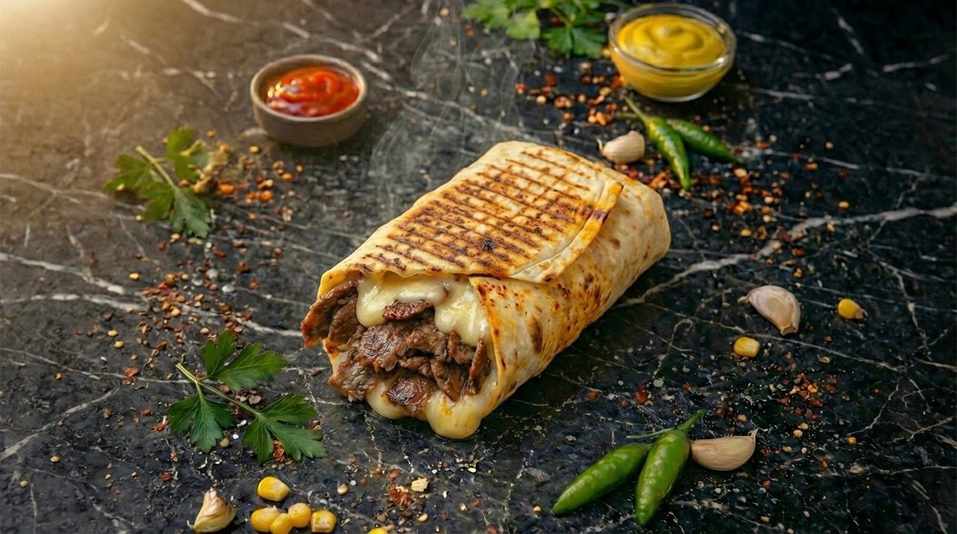 Toasted Turkish wrap with melted cheese and bold street food flavors.