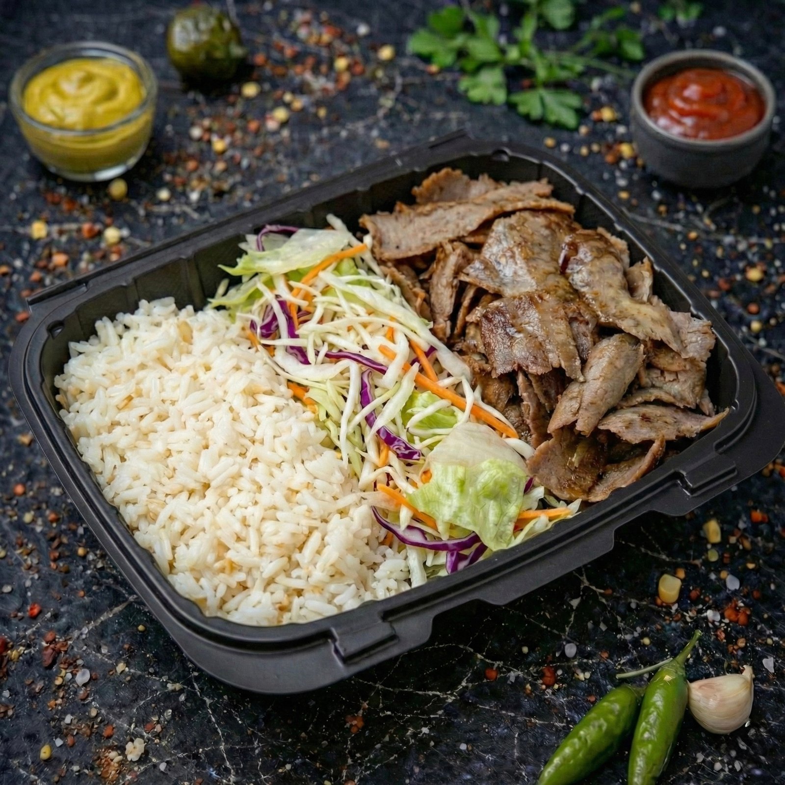 Beef doner kebab rice bowl in black plate - best doner bowl in Miami