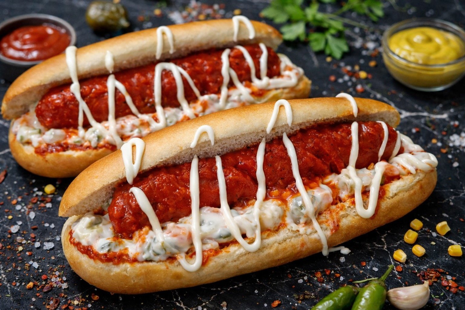 Gorali sandwich with spicy sausage and Russian salad - Istanbul street food Miami