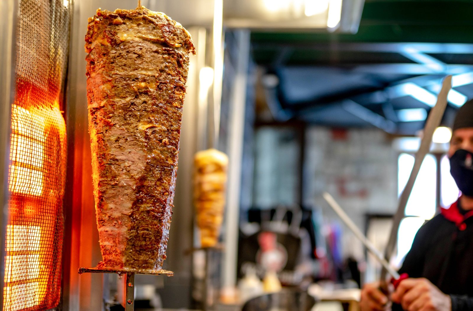 Traditional Turkish doner kebab on vertical spit - the original shawarma now in Miami